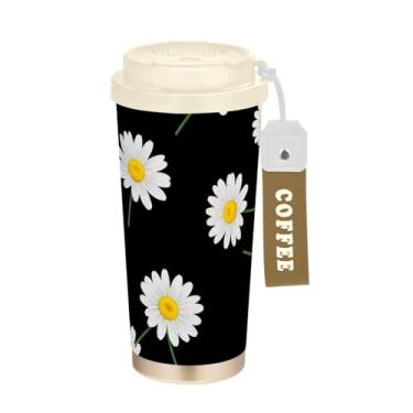 Imagem de Caneca de viagem de café 40 ml com canudo e tampa, copo de parede dupla isolado a vácuo com revestimento cerâmico, margaridas brancas, amarelo, verde, preto