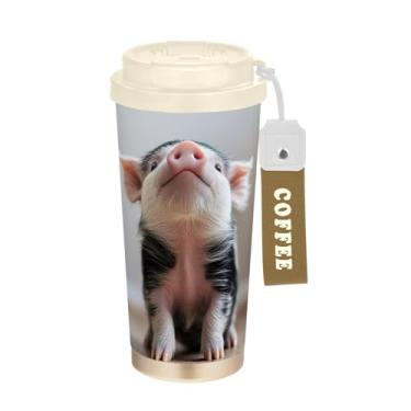 Imagem de TSENQUE Caneca de café de viagem 40 ml com canudo e tampa, revestimento cerâmico, isolamento a vácuo, aço inoxidável, copo de café para viagem, à prova de vazamento, estampa de porco preto e rosa