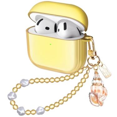 Imagem de Ucharmbead Compatível com AirPods 4 Capa protetora feminina com glitter dourado para Air Pods 4ª geração com pulseira de luxo chaveiro para mulheres meninas (concha)
