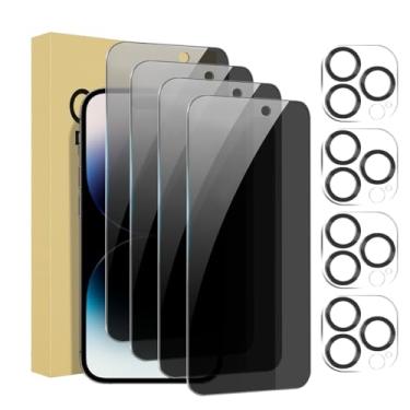 Imagem de Pacote com 4 protetores de tela de privacidade para iPhone 14 Pro Max de 6,7 polegadas com 4 protetores de lente de câmera, película de vidro temperado antiespião, antiarranhões, sensível ao toque