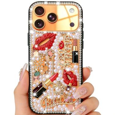 Imagem de Bonitec Compatível com iPhone 17 Pro Max Bling Capa para mulheres meninas luxo 3D diamante cristal strass batom lábios salto alto floral brilhante pérola glitter protetor feminino bonito designer