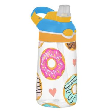 Imagem de Garrafa de água infantil colorida Donuts Sweets branca para escola, garrafa de água esportiva Tritan de 473 ml com canudo, copo infantil portátil à prova de vazamento, alça de transporte