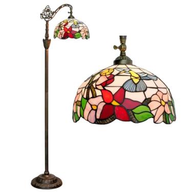 Imagem de Luminária de chão estilo Tiffany com vitral em arco, 30x45x160 cm, haste flexível ajustável, luminária de canto para leitura, decoração para quarto e sala de estar, com desenho de pássaro.