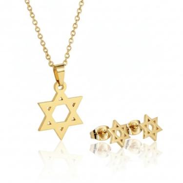 Imagem de Colar e brincos de estrela de Davi banhados a ouro 14K para mulheres - Pingente de símbolo judaico de Israel - Joia judaica religiosa delicada hebraica elegante, One Size, Aço inoxidável e dourado