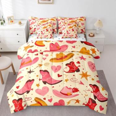 Imagem de Conjunto de cama casal com 7 peças de botas de faroeste rosa | Conjunto de edredom com lençol e lençol com enchimento de edredom com estampa de vaqueira para crianças, adolescentes e meninas