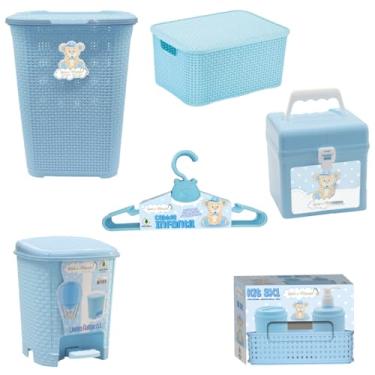 Imagem de Kit Organizador Cesto 30L + Maleta + Lixeira 6L + Cxa Orga 18L + 5 Cabides Infantil Azul
