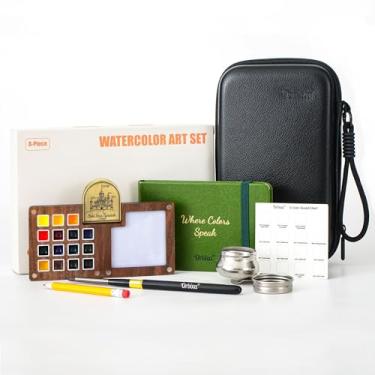 Imagem de Mini conjunto de tintas para viagem em aquarela – 15 cores de artistas em paleta de nogueira sólida, com caderno de desenho 100% algodão, pincel de água, clipe de metal, copo de água e bolsa de viagem