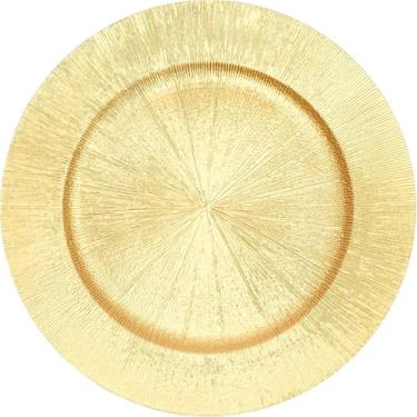 Imagem de Etsutomy Pacote com 12 pratos de carregamento dourados, pratos redondos de plástico de 33 cm, carregadores de mesa dourados reutilizáveis, pratos de servir para festas, casamentos, aniversários