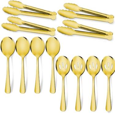 Imagem de Conjuntos de utensílios de servir de aço inoxidável dourado com 12 peças – colheres grandes, escumadeiras, pinças de servir, conjuntos de utensílios para buffet catering banquete festa