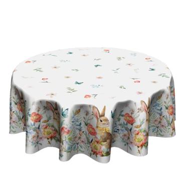 Imagem de Giwawa Toalha de mesa de primavera e páscoa, redonda, coelhinho, 152 cm, para verão, aquarela, floral, coelho, para aniversário, casamento, cozinha, festa, jantar, decoração