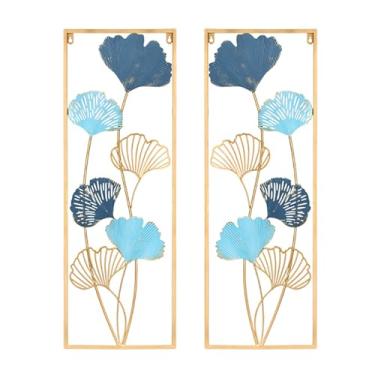 Imagem de 2 peças de arte de parede de metal ouro azul folhas de ginkgo decoração de parede para quarto, 3D Ginkgo Biloba esculturas de parede moderna decoração de parede arte para sala de estar sala de jantar
