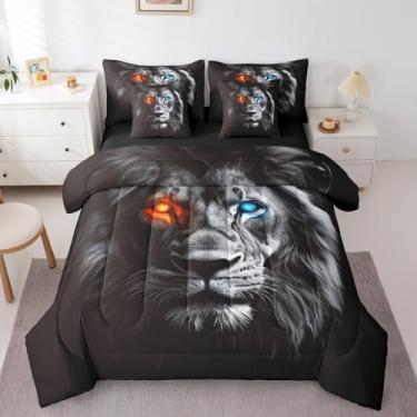 Imagem de Conjunto de cama King com leão, 7 peças, realista, animal selvagem, africano, vívido, para adultos, olhos azuis neon, vermelho, psicodélico, conjunto de edredom com lençóis, fronhas