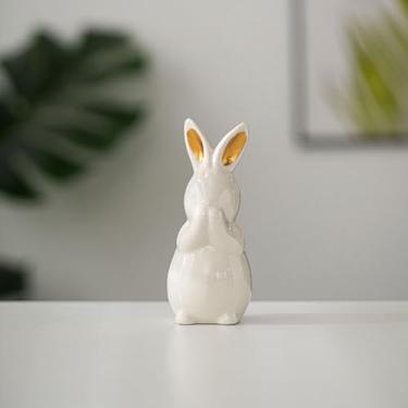 Imagem de SPNDOB Estatueta de coelho de cerâmica branca elegante decoração minimalista de coelho, decoração moderna para casa e Páscoa para prateleira, mesa, cornija (pequena)