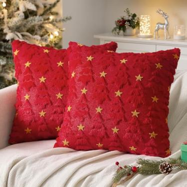 Imagem de Conjunto de 2 capas de almofada de Natal 45,7 x 45,7 cm, árvore de Natal vermelha de pele sintética, fronhas decorativas macias para sofá, sala de estar, inverno, Natal, férias, decoração de casa