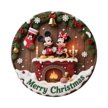 Imagem de Feliz Natal Disney Mickey Minnie Placa Redonda Personalizada De Madeir
