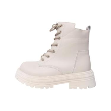 Imagem de Bota feminina com cadarço no tornozelo com zíper lateral, forro de pelúcia, plataforma grossa e salto grosso, Bege, 38