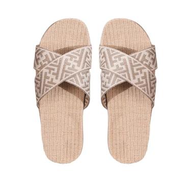 Imagem de GORGLITTER Sandálias femininas boho, rasteiras, trançadas, cruzadas, abertas, sem cadarço, casual, praia, férias, chinelos modernos 2025, Caqui, 36