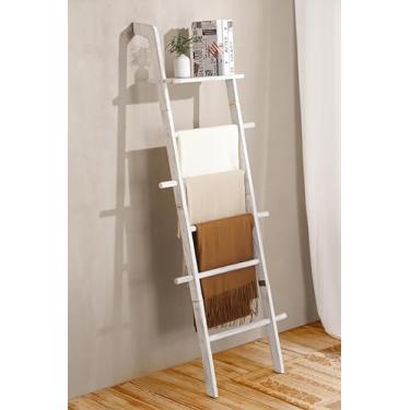 Imagem de Escada de cobertor de madeira branca com prateleira superior para sala de estar, suporte de cobertor decorativo de 170 cm, 5 camadas com ganchos laterais para pendurar, suporte de escada rústico para