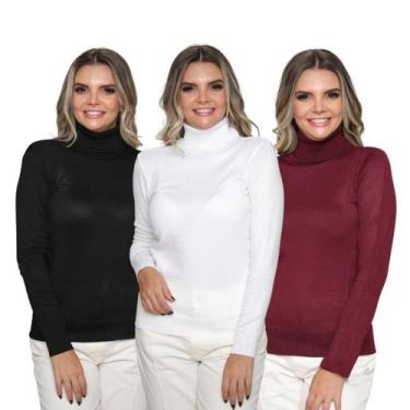 Imagem de Kit 3 Blusas Feminina Tricô Manga Longa Gola Alta Lã Inverno Casual - 