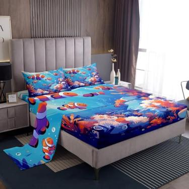 Imagem de Jogo de lençol solteiro com estampa de peixe-palhaço fofo, peixe coral, vida marinha, decoração de quarto de meninas, meninos, desenho animado, peixe-palhaço, animais do oceano, azul, sonhador, 3