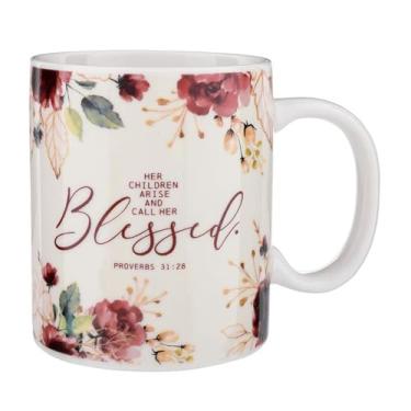 Imagem de P. Graham Dunn Caneca de café de porcelana branca Blessed Collection de 425 g – Her Children Arise And Call Her Blessed Proverbs 31:28 com detalhes florais bordô