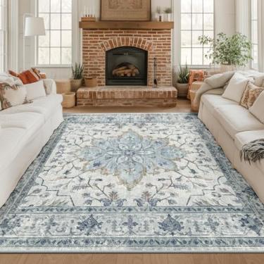 Imagem de RELEANY Tapete quadrado quadrado de 2,4 m, lavável, antiderrapante, floral, vintage, estampado, medalhão, para sala de estar, quarto, sala de jantar, azul-claro, azul-marinho, bege, cinza, branco