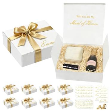 Imagem de EXJEXJ 8 conjuntos de caixas de presente de dama de honra com tampas - Will You Be My Bridesmaid Vinyl Sticker e fita de cetim - Caixa de presente de papelão branco para casamento, chá de panela