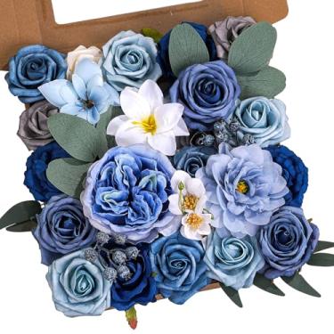 Imagem de BSMYBO Conjunto de caixa de buquês de flores artificiais de rosas azuis empoeiradas, arranjos florais falsos para buquês de noiva, chá de bebê, arranjos florais, centros de mesa, decorações de casa