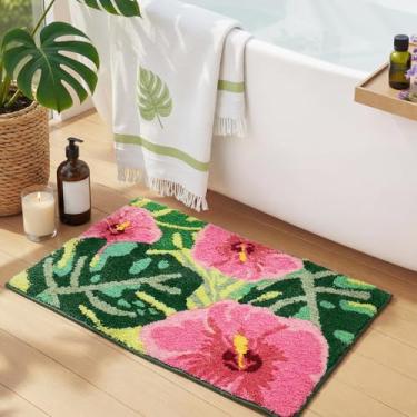 Imagem de Drydiet Tapete de banho Monstera para banheiro, tapete antiderrapante de folha de monstera tropical, lindo tapete de banheiro lavável rosa verde tapete de porta para decoração de banheira de chuveiro