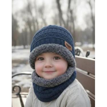 Imagem de Kit Infantil Criança Touca Gorro Cachecol Forrada Lã Inverno - Modas F