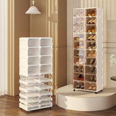 Imagem de Organizador de sapatos dobrável com rodas para armário, organizador de sapatos empilhável para entrada, sapateira com porta magnética transparente, 2 fileiras e 10 camadas (marrom + branco, 2 fileiras