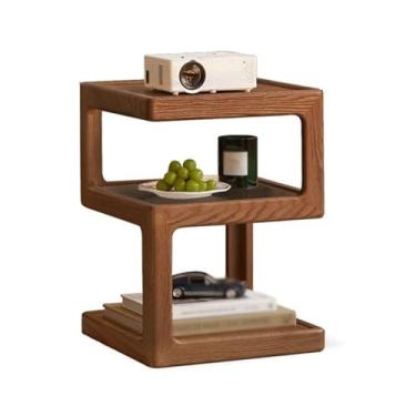 Imagem de Mesa lateral moderna moderna geométrica minimalista para sofá de canto de madeira com várias camadas de armazenamento simples (marrom)