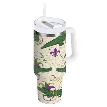 Imagem de Blueangle Copo isolado de crocodilo Mardi Gras de 1,134 g com alça e tampa de palha, caneca de viagem reutilizável de aço inoxidável (887)