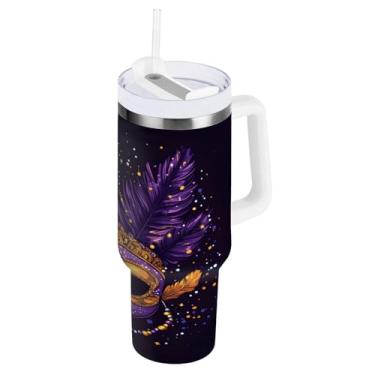 Imagem de Blueangle Copo isolado de máscara de carnaval de carnaval de 850 g com alça e tampa de palha, caneca de viagem reutilizável de aço inoxidável (360)