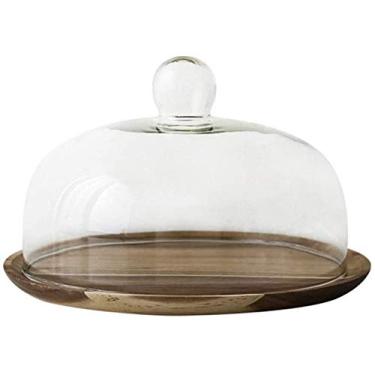 Imagem de Suporte de bolo com tampa, bandeja de madeira com uma cúpula, bandeja de pastelaria de chá da tarde cúpula de vidro para loja de bolos de cozinha redonda, bandeja de servidor de sobremesa (tamanho