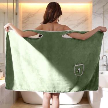 Imagem de Toalha de banho vestível com bolso, toalha de chuveiro macia e leve na altura do joelho, banho de veludo coral macio, verde escuro (79 x 134 cm)