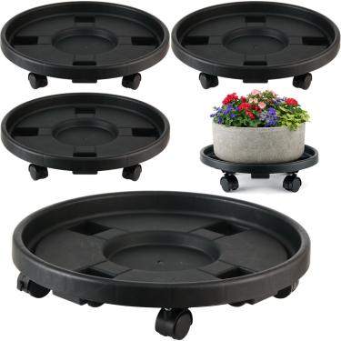 Imagem de Pacote com 4 43,9 cm Organizador de plantas extra grande com rodas Carrinho de plantas de plástico com rodízio de bloqueio Rolos de mudança de vaso de flores Suportes de plantas com rodas Pires de