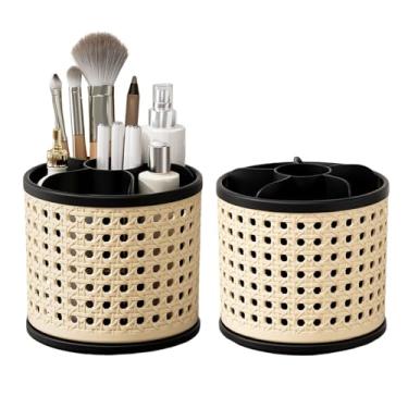 Imagem de BAFOVY Organizador de Maquiagem Rotativo, Caixa de Armazenamento de Mesa de 360 ​​giros, Design de Imitação de Rattan, Grande Capacidade, para Pincéis, Canetas, Cosméticos (Preta)