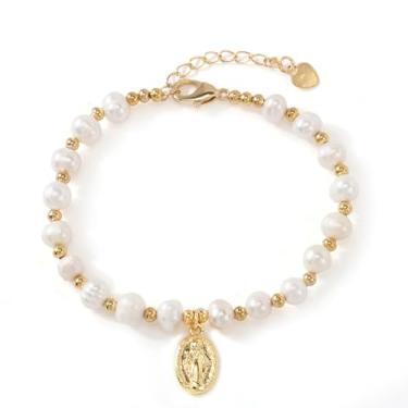Imagem de EQUBIO Pulseira de pérolas douradas de água doce com pingente de medalha da Virgem Maria, corrente ajustável Faith Jewelry para mulheres