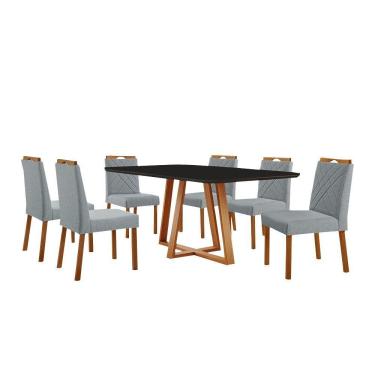 Imagem de Conjunto Sala De Jantar Mesa Florença 180x90cm Preto Com 6 Cadeiras Dallas Linho Cinza