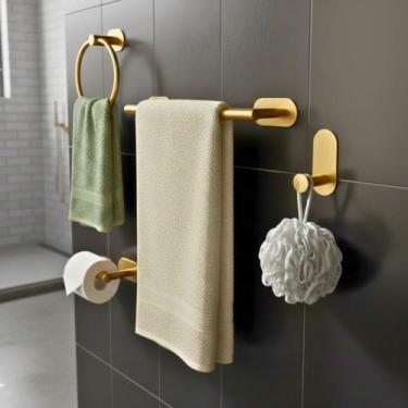 Imagem de Kit Banheiro Acessórios Toalheiro Porta Papel Toalha de Mão Dourado Lu