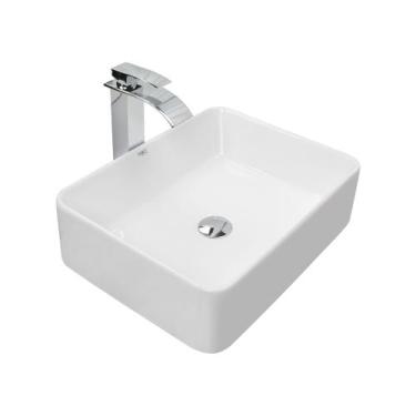 Imagem de Kit Cuba Pia Louça Cerâmica Banheiro C/Torn e Vál Cromada 18 - Smart N