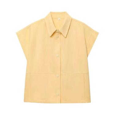 Imagem de Conjunto De Terno Feminino Amarelo Manteiga Casual Com Camisa De Botão