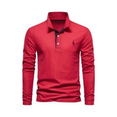 Imagem de Camisas Polo Masculinas Com Bordado De Cervo Manga Longa Cor Sólida Ca