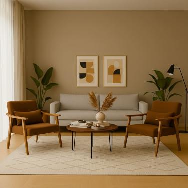 Imagem de Kit 2 Poltrona Aurora Linho Acompanha Almofada Decorativa Madeira Maciça Sala De Estar