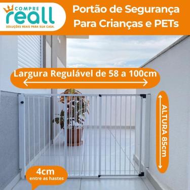Imagem de Portão de segurança Crianças e PET Altura 85cm x Largura 58 a 100cm Alumínio Branco