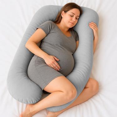 Imagem de Almofada de Corpo Gestante Isa Formato U Veludo Macio Cinza Claro Abmaza