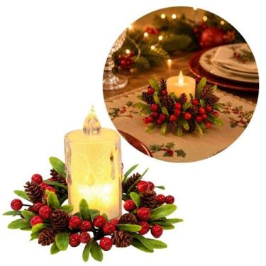 Imagem de Porta Velas Decorado Castiçal Natalino com Folhagens Pinhas Berries e 