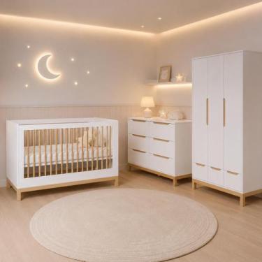 Imagem de Quarto de Bebê Completo com Berço 2 em 1, Cômoda 3 Gavetas e Guarda Ro