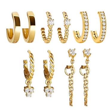 Imagem de Conjunto de 5 pares de brincos de argola banhados a ouro 14K para mulheres, pequenos brincos de argola com corrente pendurada, Latão, Zircônica sintética